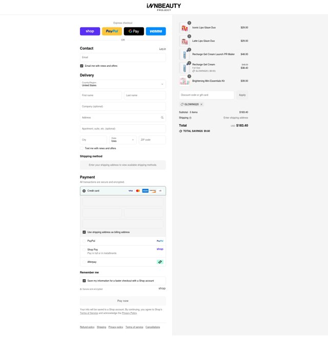 INNBeauty Project checkout page showing INNBeauty Project coupon code box | Screenshot taken by SimplyCodes community member on Sep 5, 2025