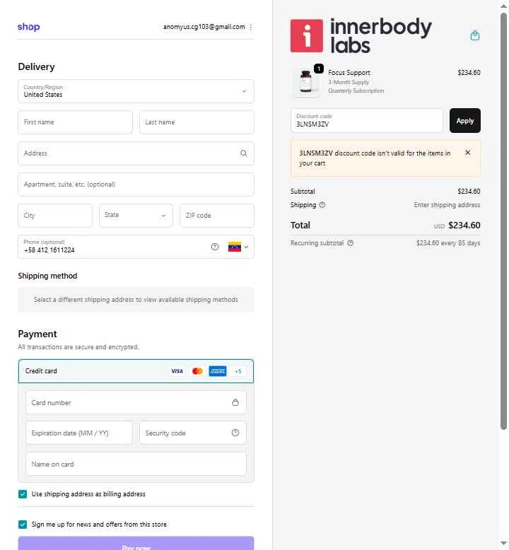 Innerbody Research checkout page showing Innerbody Research promo code box | Screenshot taken by SimplyCodes community member on Nov 12, 2025