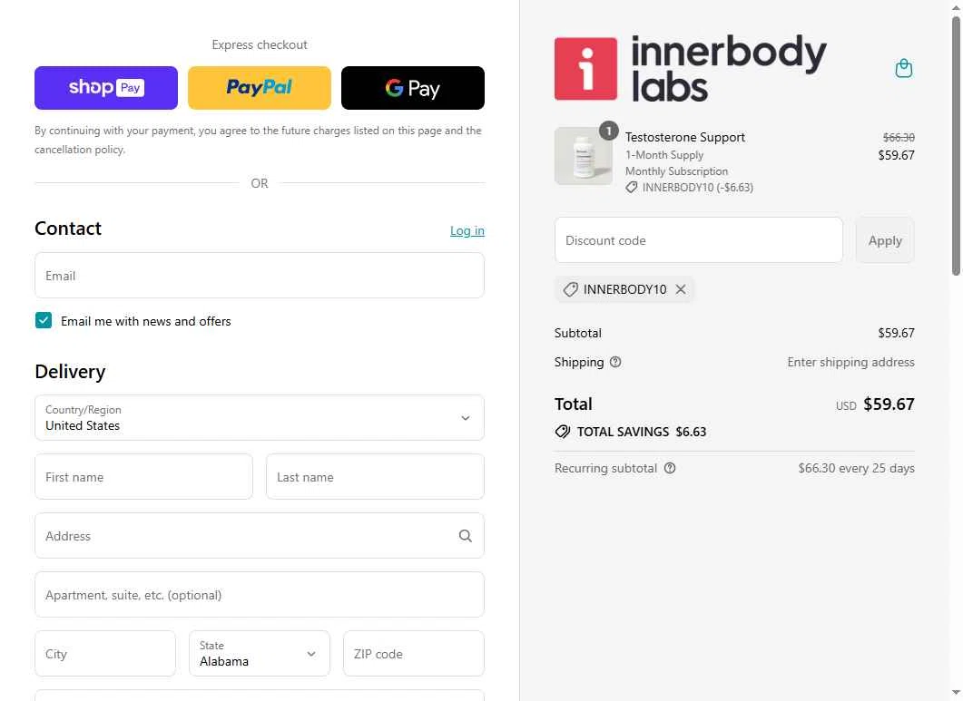 Innerbody Research checkout page showing Innerbody Research promo code box | Screenshot taken by SimplyCodes community member on Aug 11, 2025