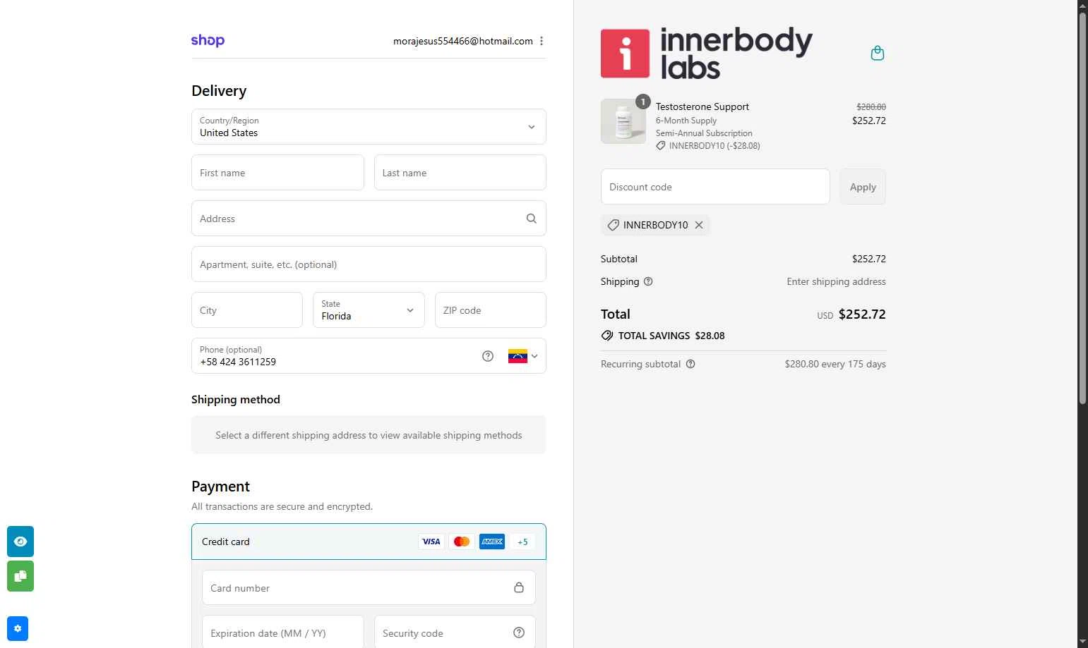Innerbody Research checkout page showing Innerbody Research promo code box | Screenshot taken by SimplyCodes community member on Sep 9, 2025
