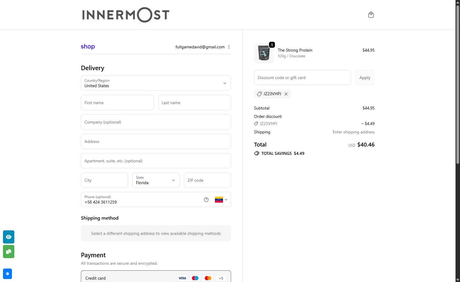 Innermost checkout page showing Innermost discount code box | Screenshot taken by SimplyCodes community member on Jan 9, 2026