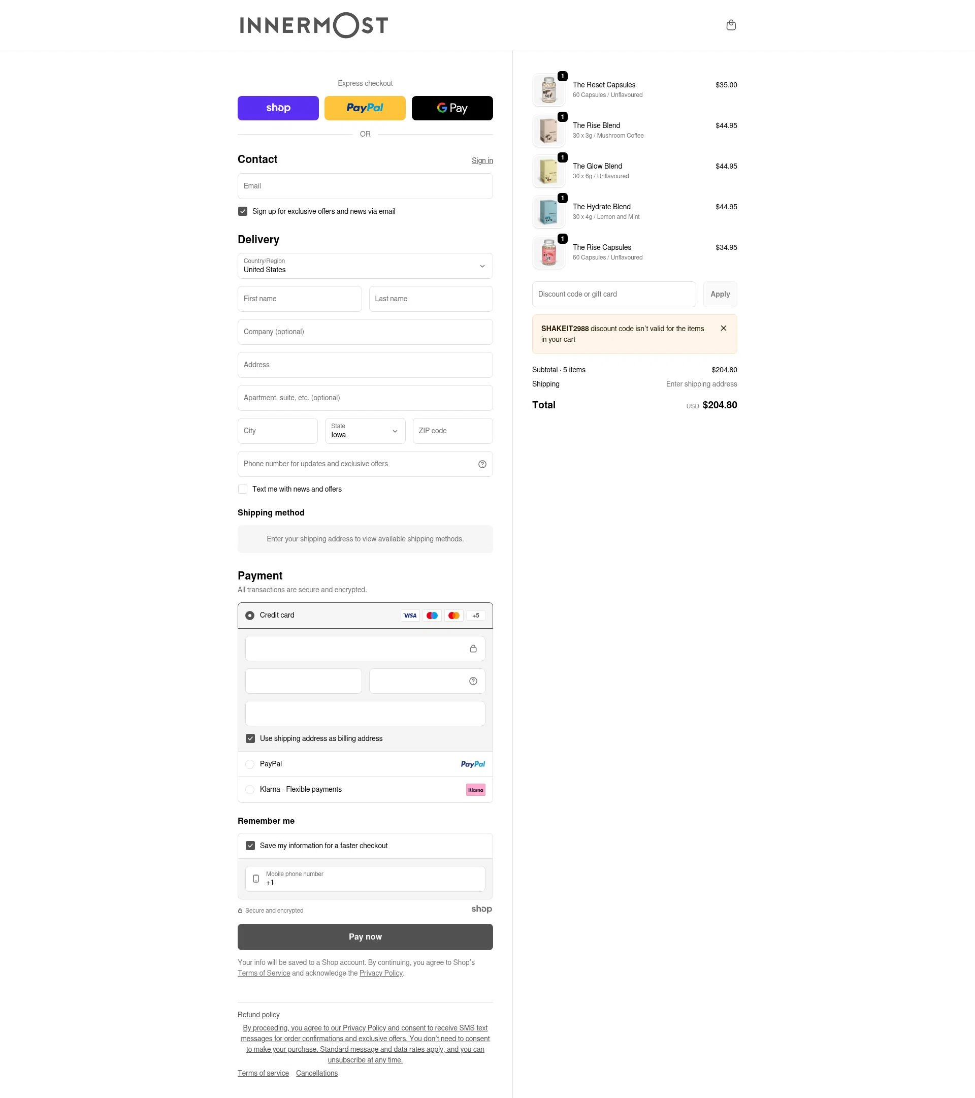Innermost checkout page showing Innermost discount code box | Screenshot taken by SimplyCodes community member on Jan 9, 2026