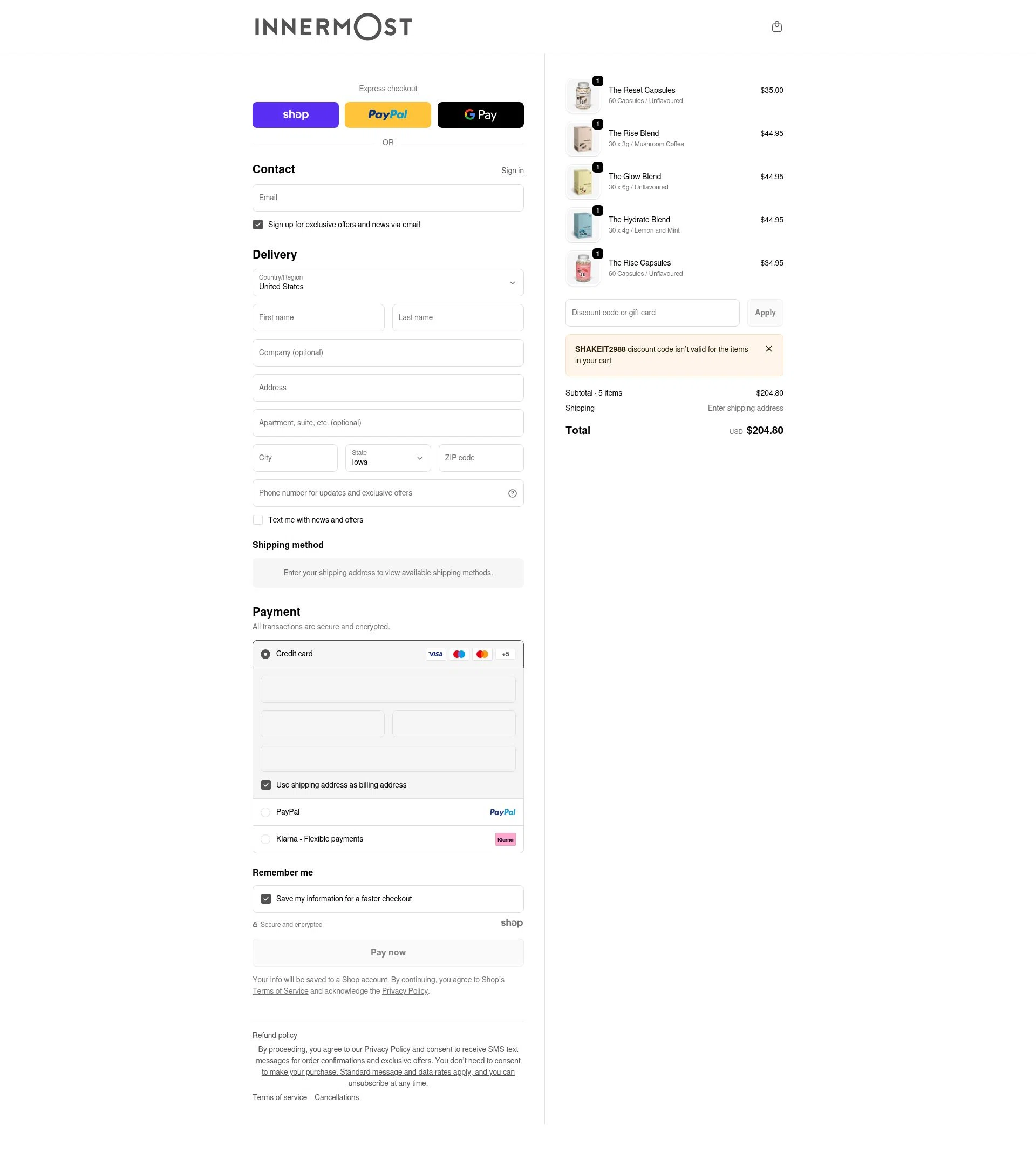 Innermost checkout page showing Innermost discount code box | Screenshot taken by SimplyCodes community member on Jan 4, 2026