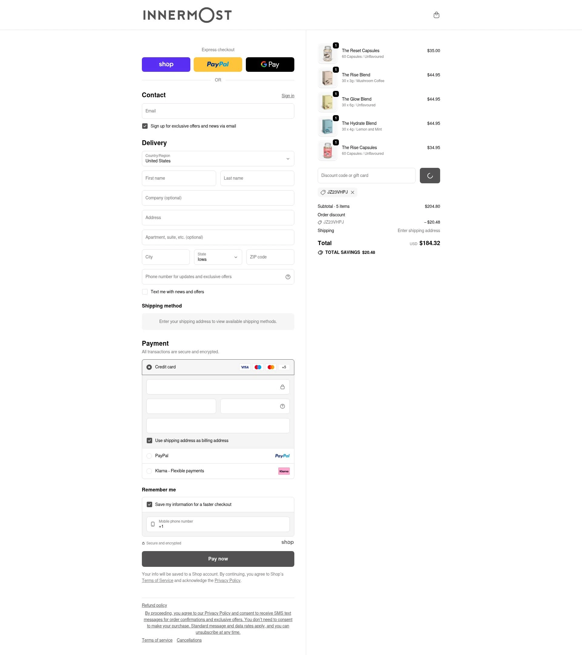 Innermost checkout page showing Innermost discount code box | Screenshot taken by SimplyCodes community member on Jan 9, 2026