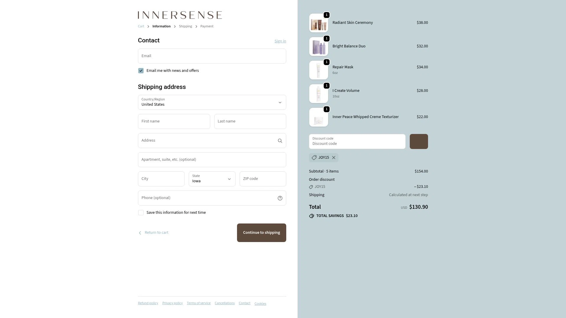 Innersense Organic Beauty checkout page showing Innersense Organic Beauty coupon code box | Screenshot taken by SimplyCodes community member on Feb 16, 2026