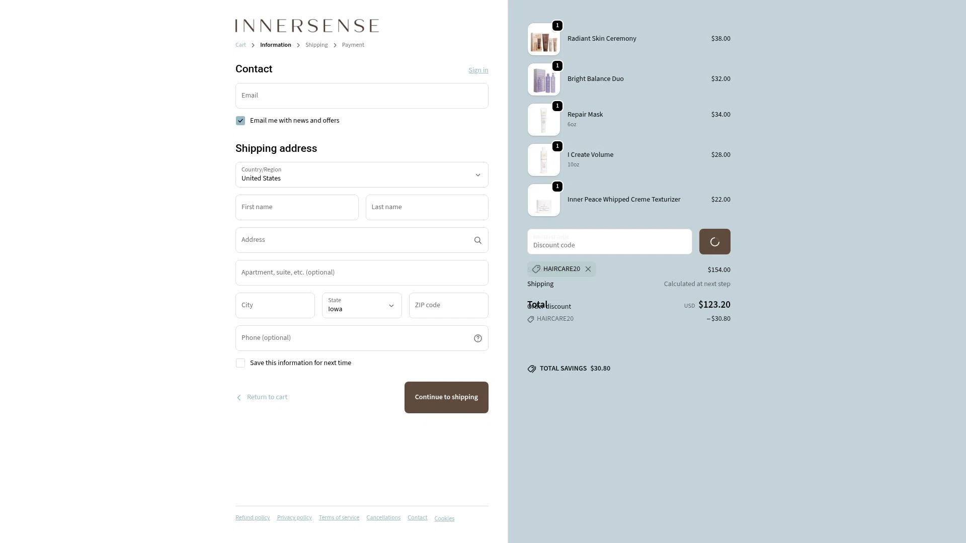 Innersense Organic Beauty checkout page showing Innersense Organic Beauty coupon code box | Screenshot taken by SimplyCodes community member on Feb 16, 2026
