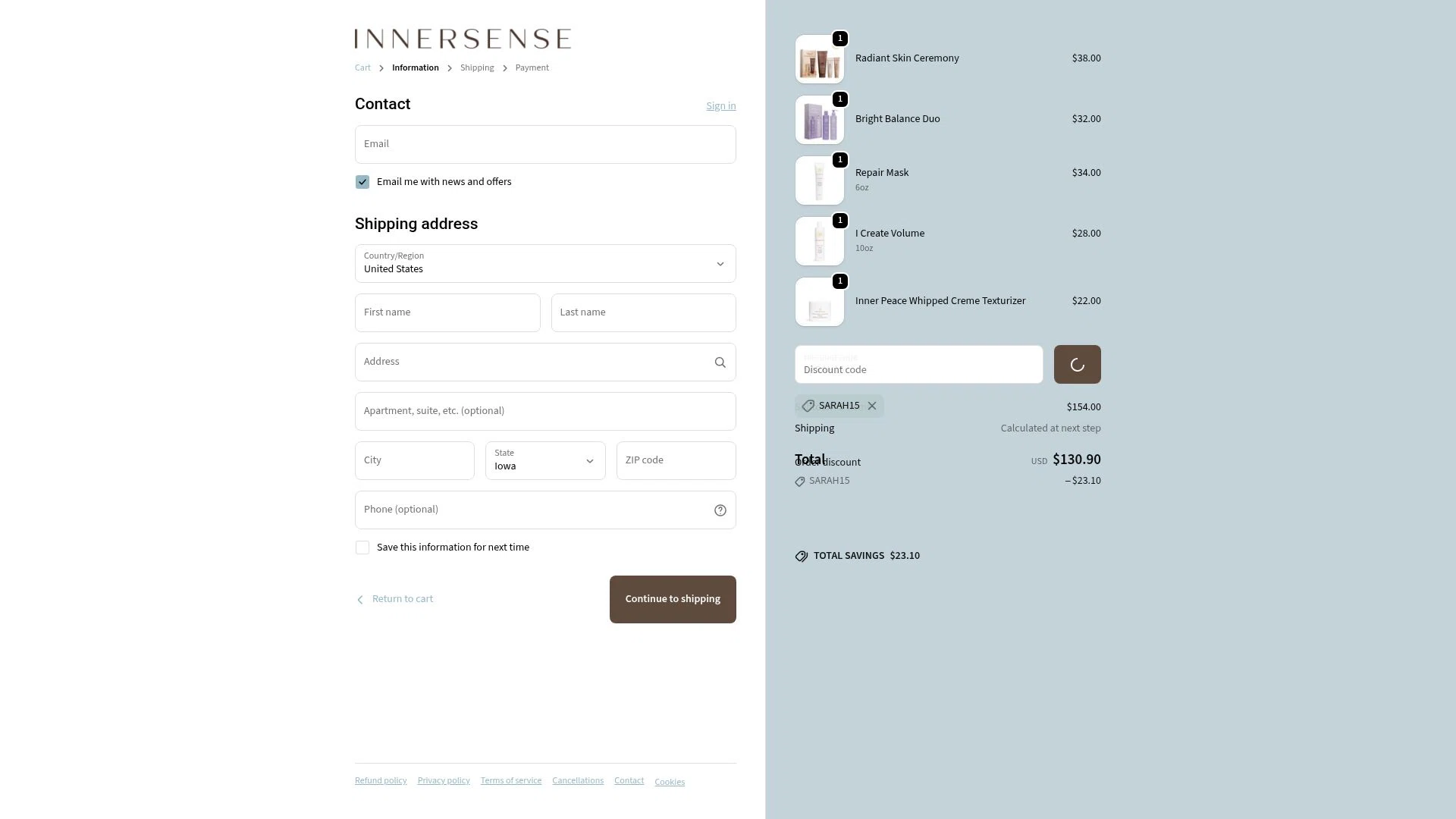 Innersense Organic Beauty checkout page showing Innersense Organic Beauty coupon code box | Screenshot taken by SimplyCodes community member on Feb 16, 2026