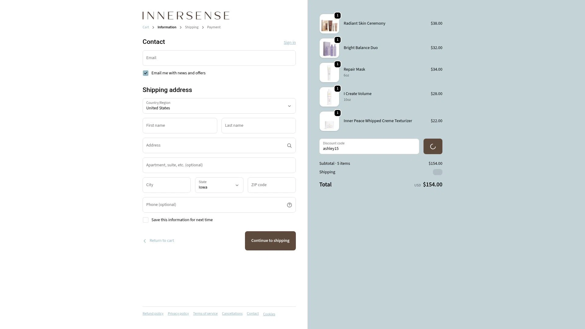 Innersense Organic Beauty checkout page showing Innersense Organic Beauty coupon code box | Screenshot taken by SimplyCodes community member on Feb 16, 2026