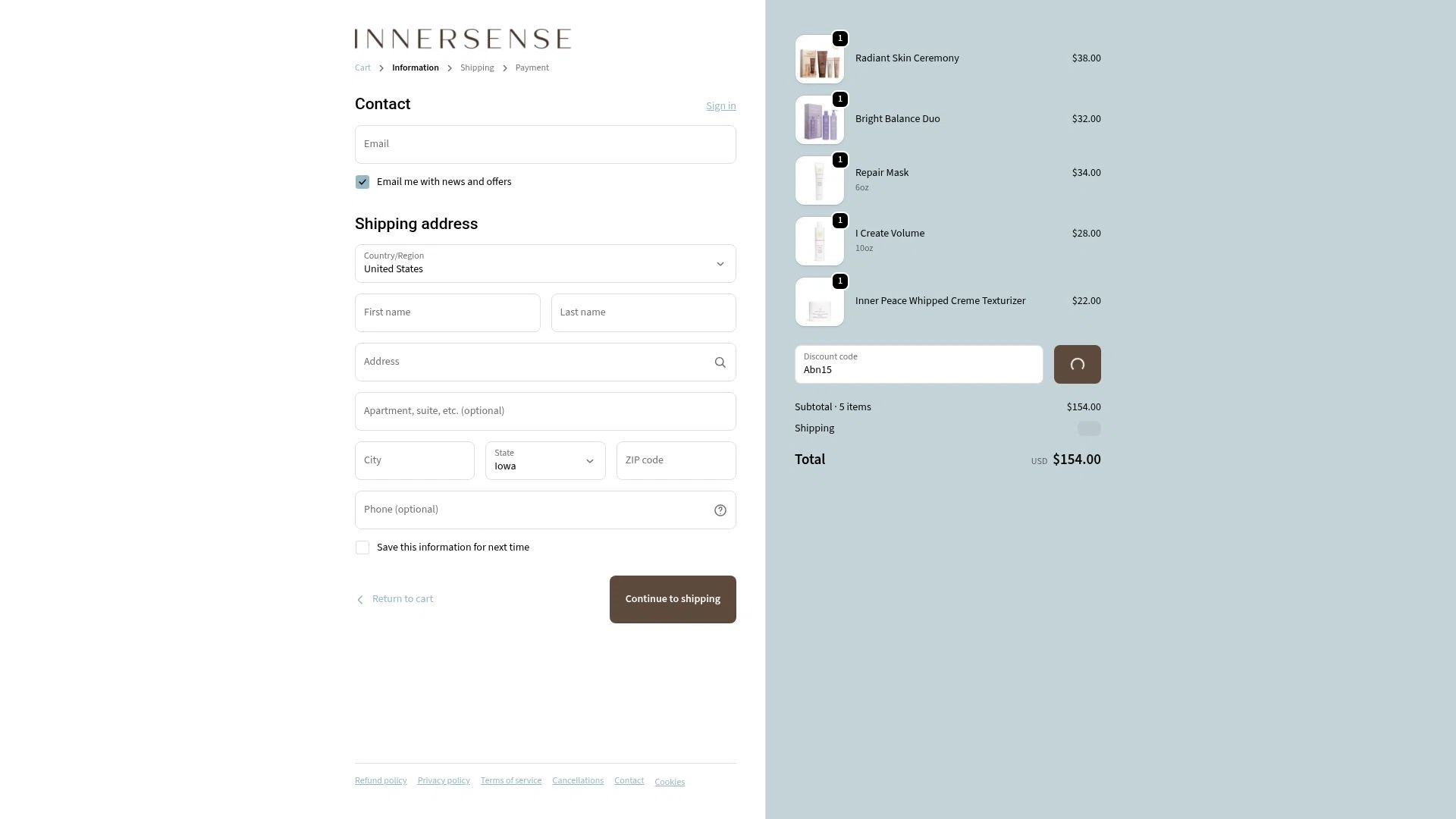 Innersense Organic Beauty checkout page showing Innersense Organic Beauty coupon code box | Screenshot taken by SimplyCodes community member on Feb 16, 2026