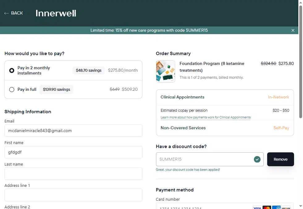 Innerwell checkout page showing Innerwell discount code box | Screenshot taken by SimplyCodes community member on Sep 20, 2025