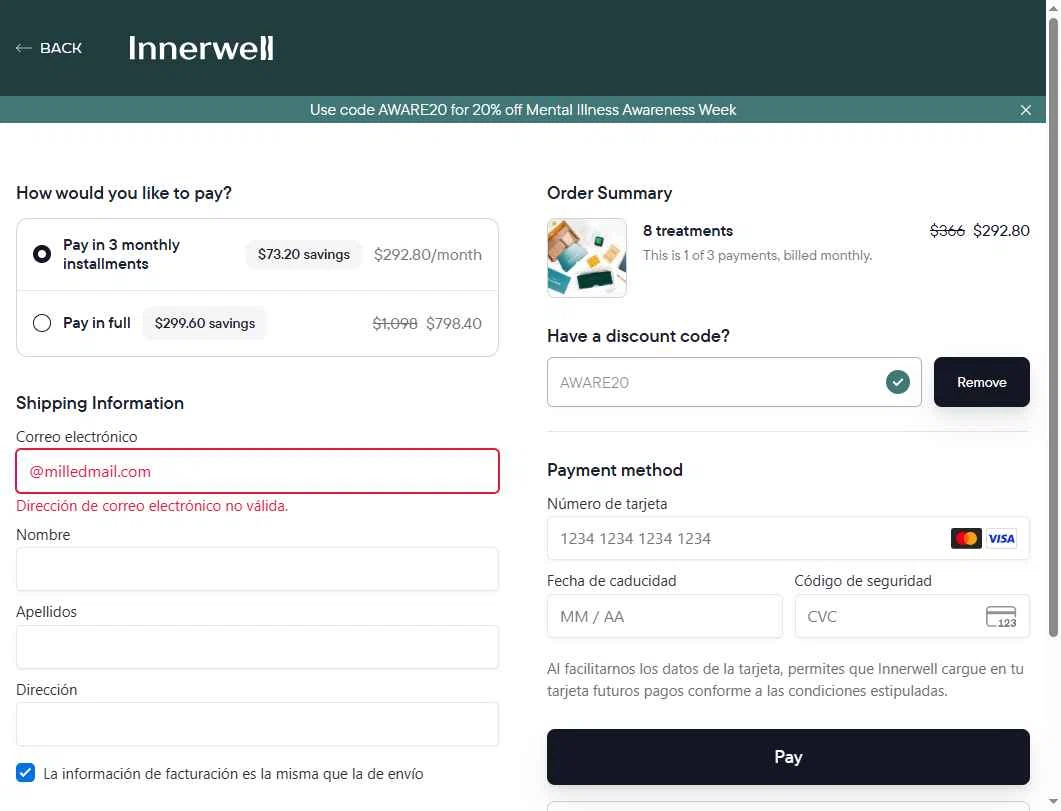 Innerwell checkout page showing Innerwell discount code box | Screenshot taken by SimplyCodes community member on Oct 8, 2025