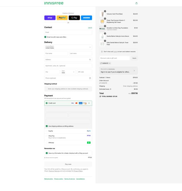 Innisfree checkout page showing Innisfree promo code box | Screenshot taken by SimplyCodes community member on Sep 8, 2025