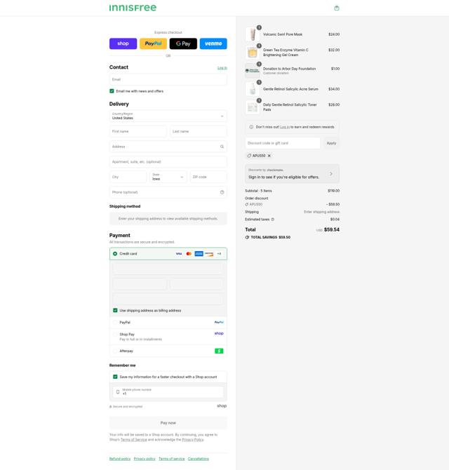 Innisfree checkout page showing Innisfree promo code box | Screenshot taken by SimplyCodes community member on Sep 8, 2025