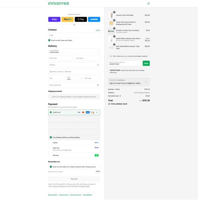 Innisfree checkout page showing Innisfree promo code box | Screenshot taken by SimplyCodes community member on Sep 8, 2025