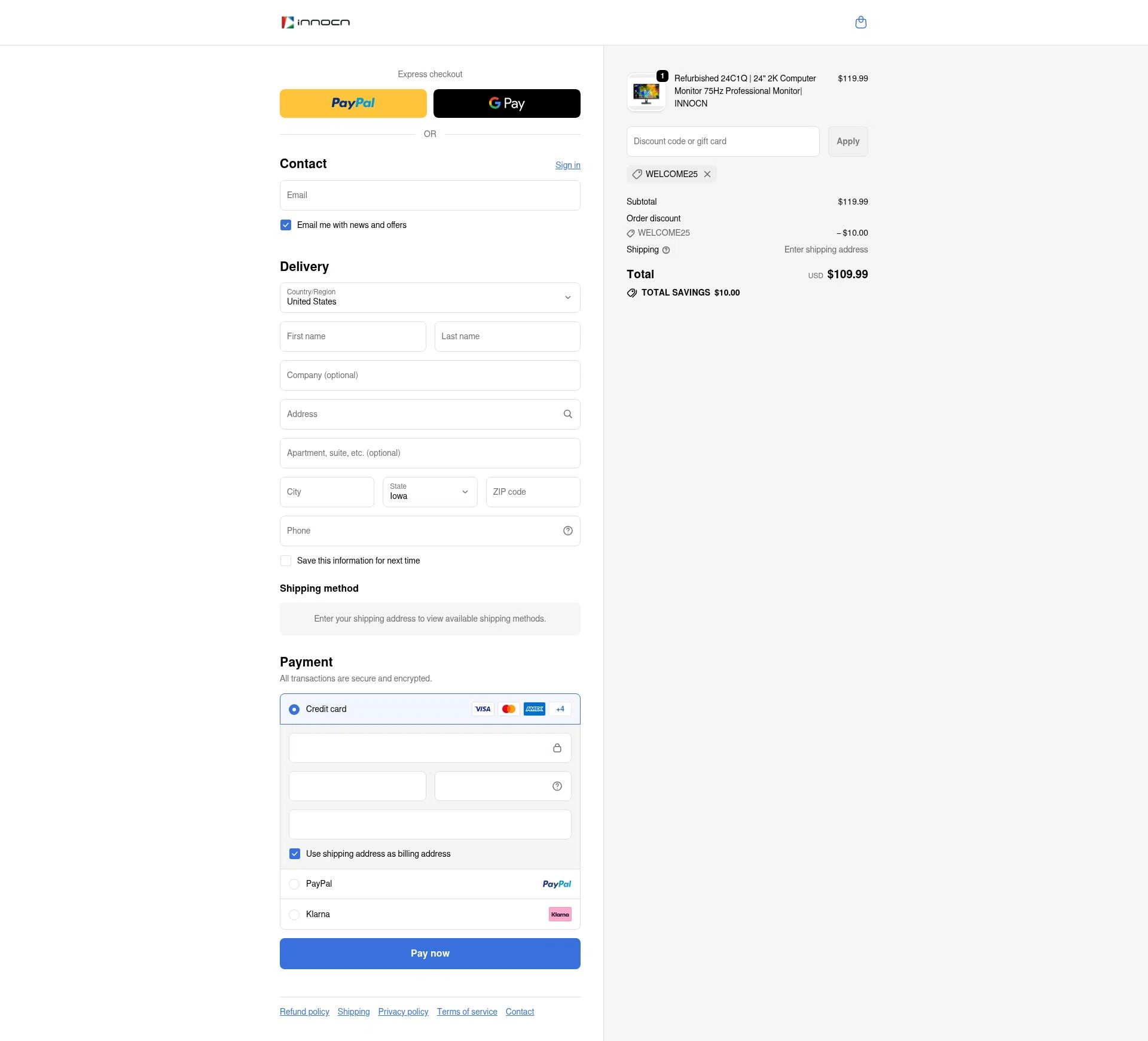 Innocn checkout page showing Innocn discount code box | Screenshot taken by SimplyCodes community member on Nov 27, 2025