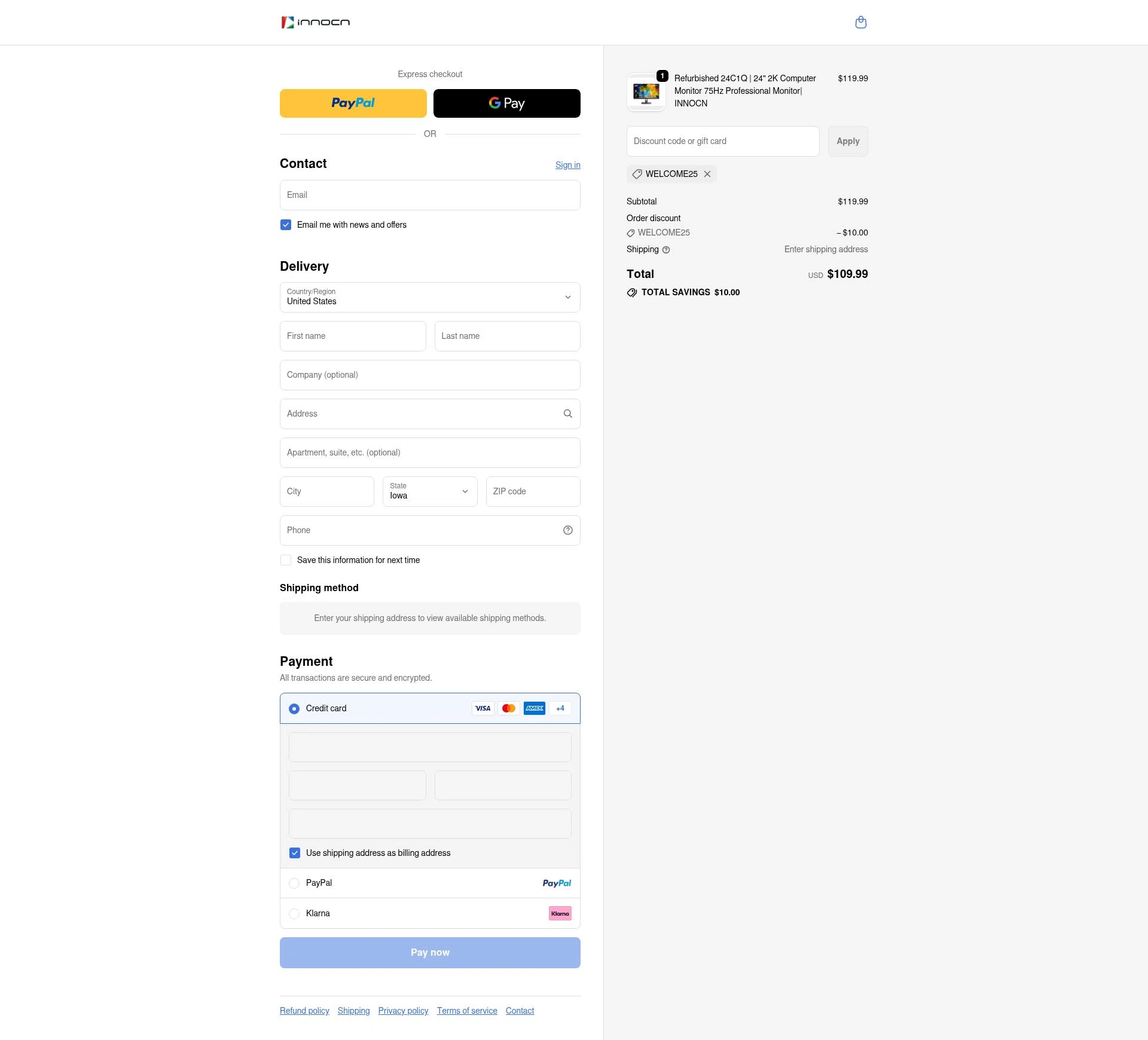 Innocn checkout page showing Innocn discount code box | Screenshot taken by SimplyCodes community member on Dec 14, 2025