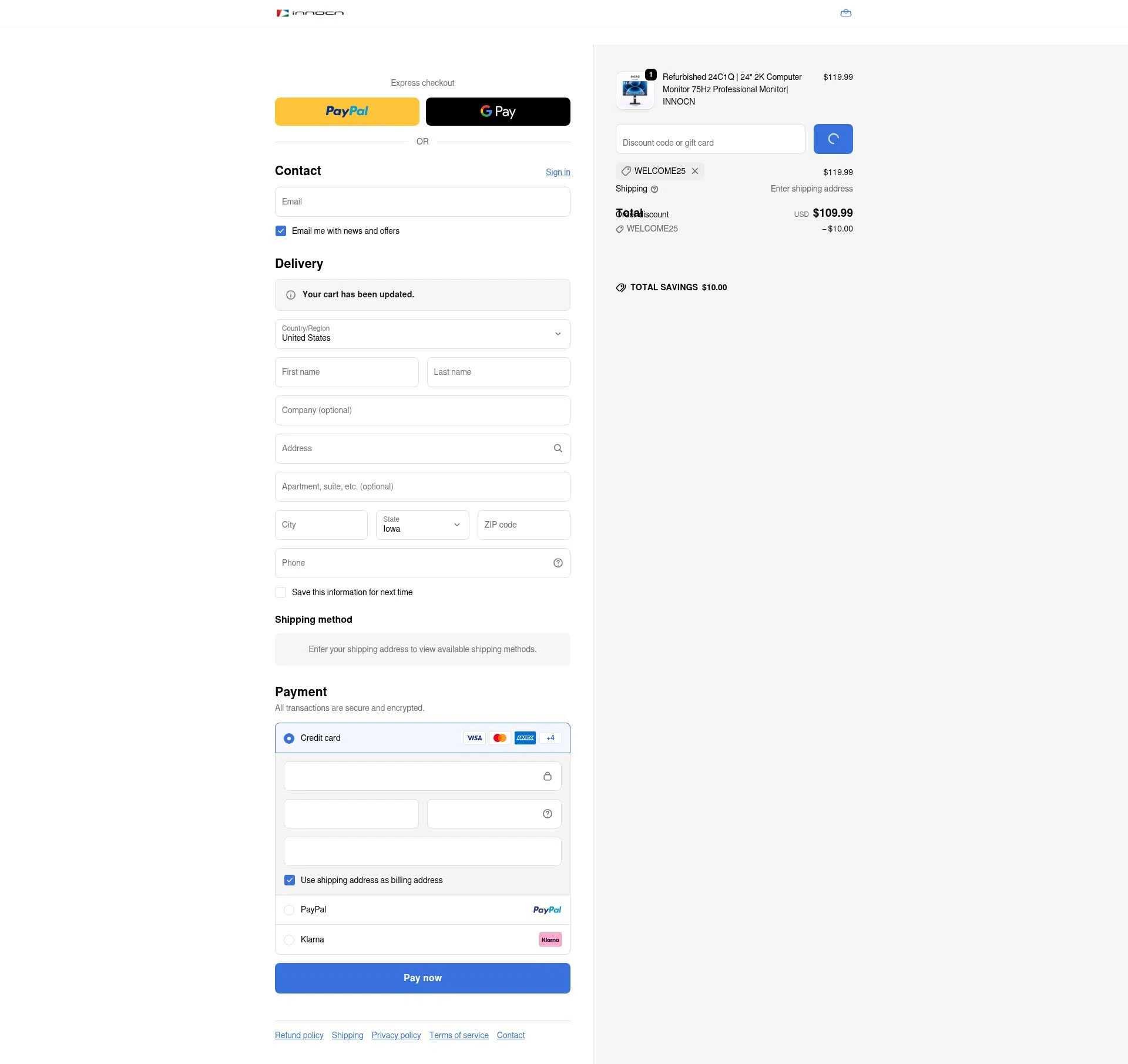 Innocn checkout page showing Innocn discount code box | Screenshot taken by SimplyCodes community member on Dec 26, 2025