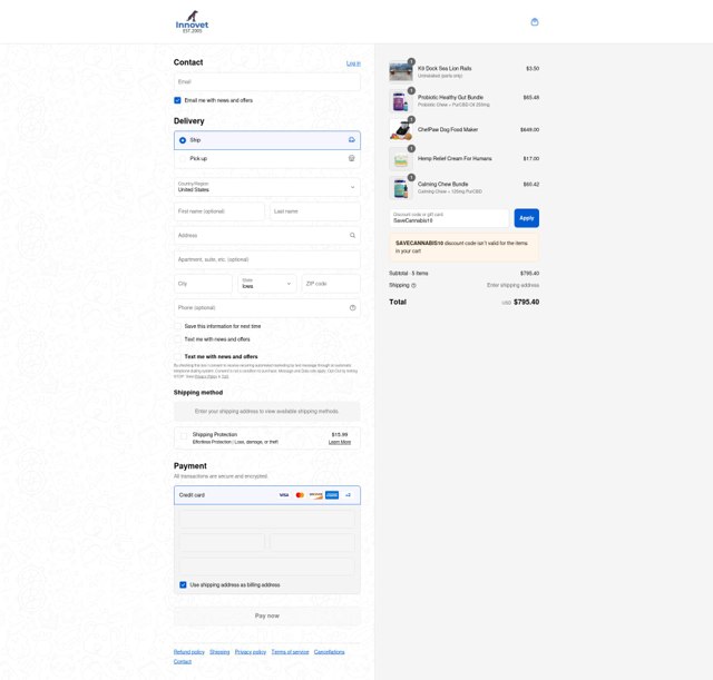 Innovet Pet checkout page showing Innovet Pet promo code box | Screenshot taken by SimplyCodes community member on Sep 8, 2025