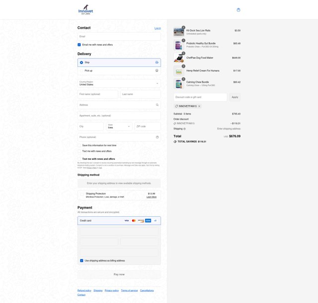 Innovet Pet checkout page showing Innovet Pet promo code box | Screenshot taken by SimplyCodes community member on Sep 8, 2025