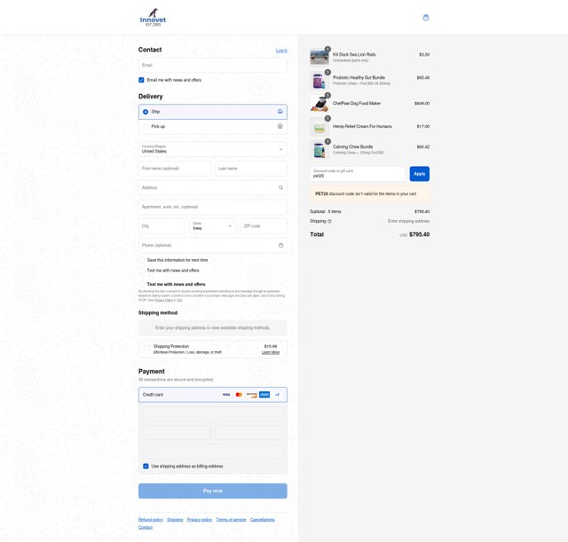 Innovet Pet checkout page showing Innovet Pet promo code box | Screenshot taken by SimplyCodes community member on Sep 8, 2025