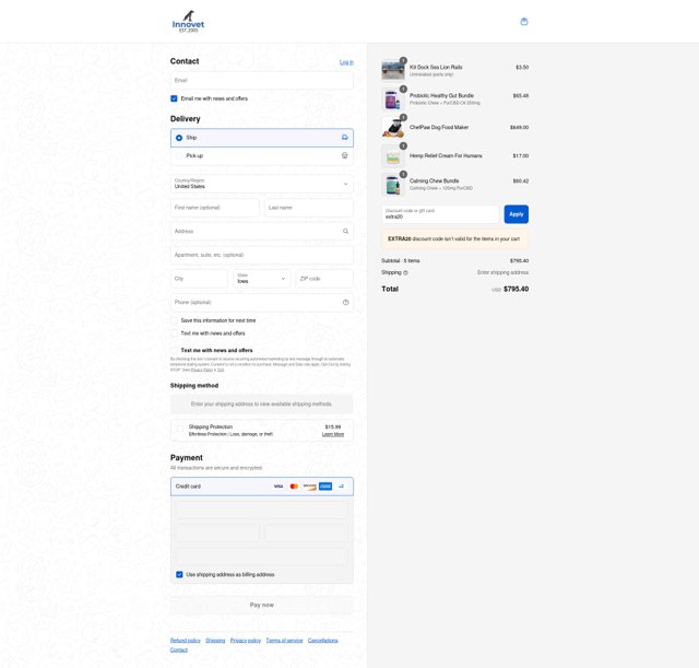 Innovet Pet checkout page showing Innovet Pet promo code box | Screenshot taken by SimplyCodes community member on Sep 8, 2025