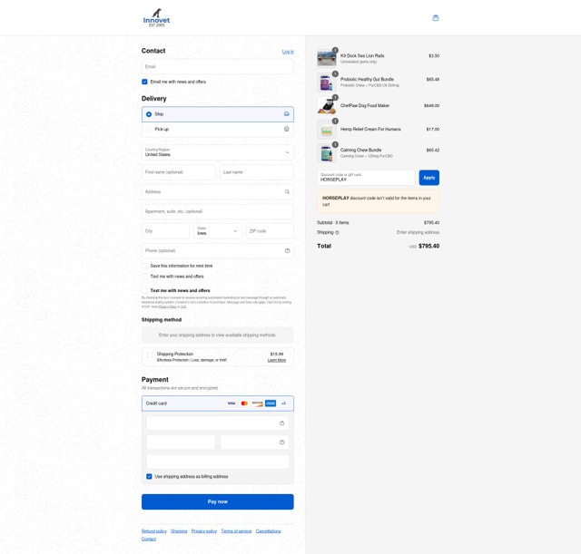 Innovet Pet checkout page showing Innovet Pet promo code box | Screenshot taken by SimplyCodes community member on Sep 8, 2025