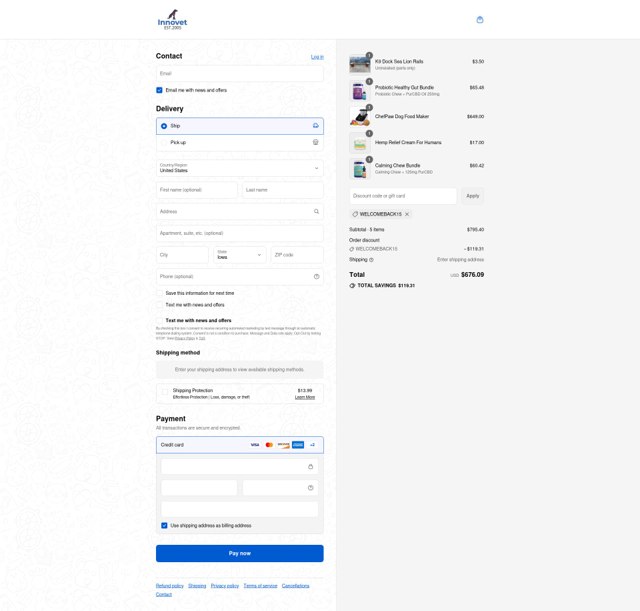 Innovet Pet checkout page showing Innovet Pet promo code box | Screenshot taken by SimplyCodes community member on Sep 8, 2025
