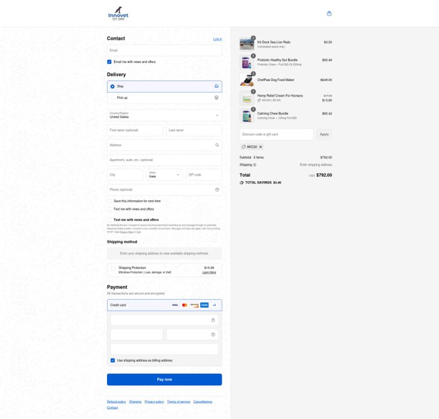Innovet Pet checkout page showing Innovet Pet promo code box | Screenshot taken by SimplyCodes community member on Sep 8, 2025