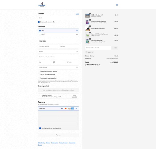 Innovet Pet checkout page showing Innovet Pet promo code box | Screenshot taken by SimplyCodes community member on Sep 8, 2025