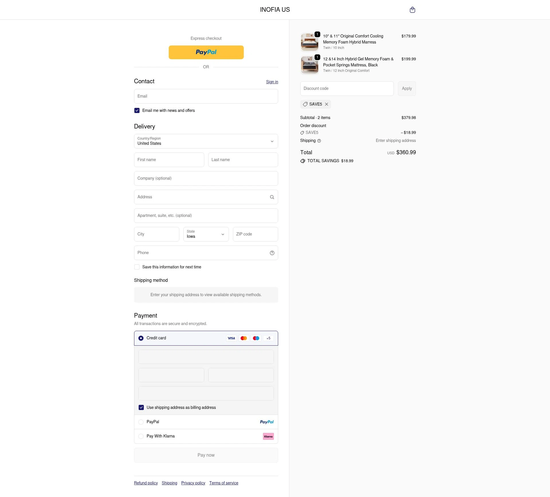 Inofia checkout page showing Inofia discount code box | Screenshot taken by SimplyCodes community member on Jan 7, 2026