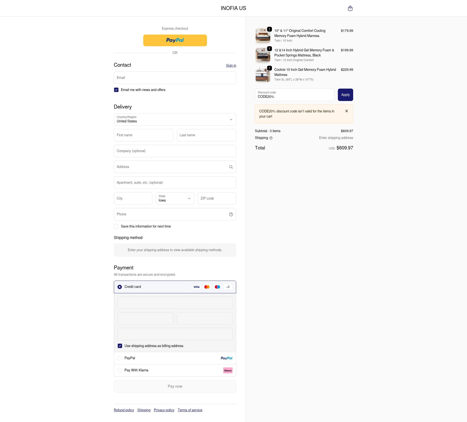 Inofia checkout page showing Inofia discount code box | Screenshot taken by SimplyCodes community member on Dec 16, 2025