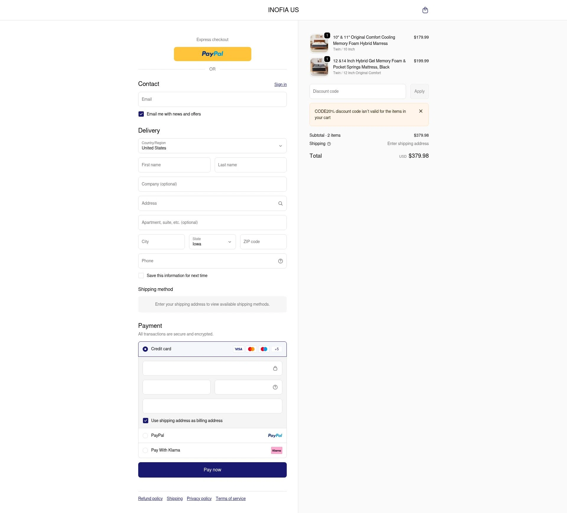 Inofia checkout page showing Inofia discount code box | Screenshot taken by SimplyCodes community member on Dec 23, 2025