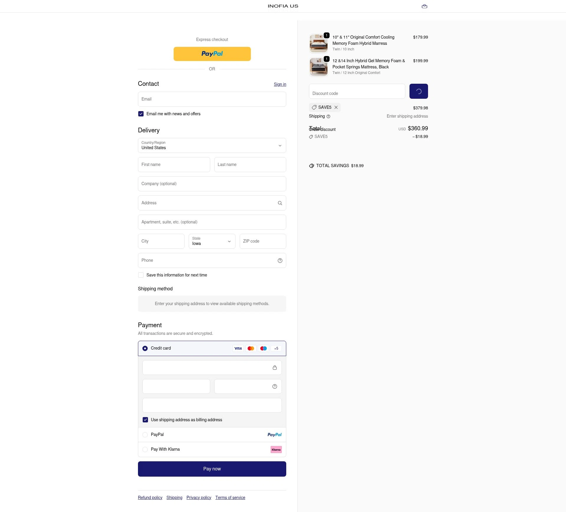 Inofia checkout page showing Inofia discount code box | Screenshot taken by SimplyCodes community member on Dec 28, 2025