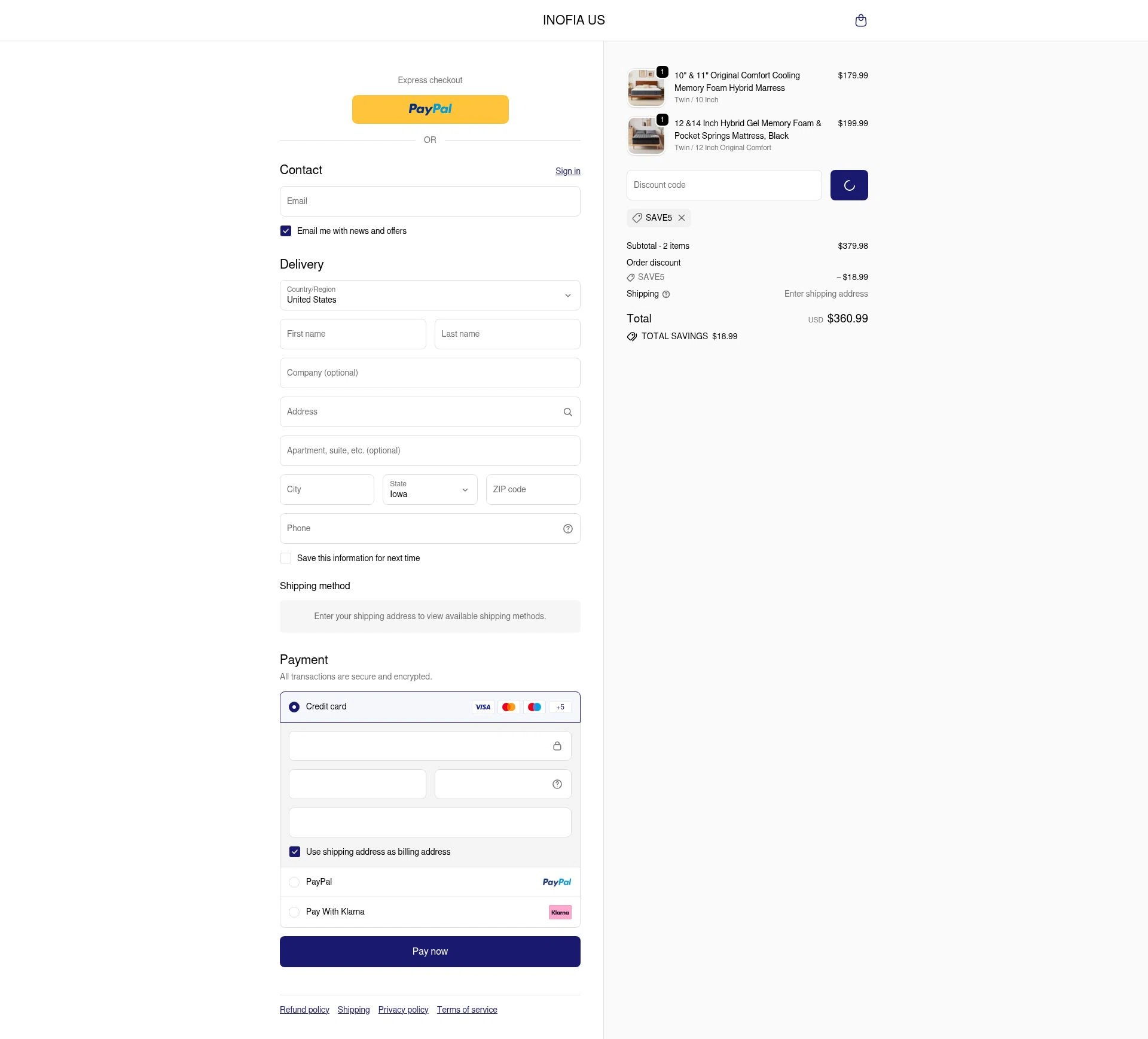 Inofia checkout page showing Inofia discount code box | Screenshot taken by SimplyCodes community member on Dec 23, 2025
