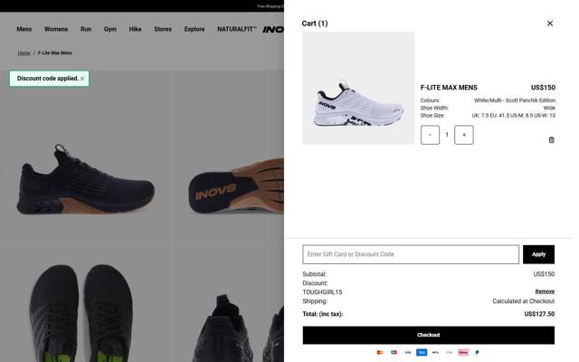 Inov-8 UK checkout page showing Inov-8 UK promo code box | Screenshot taken by SimplyCodes community member on Aug 12, 2025