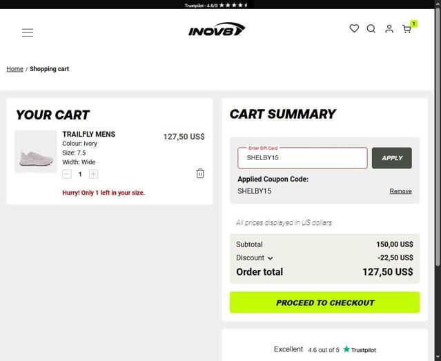 Inov-8 UK checkout page showing Inov-8 UK promo code box | Screenshot taken by SimplyCodes community member on Jun 4, 2025