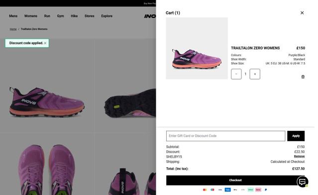 Inov-8 UK checkout page showing Inov-8 UK promo code box | Screenshot taken by SimplyCodes community member on Jul 3, 2025