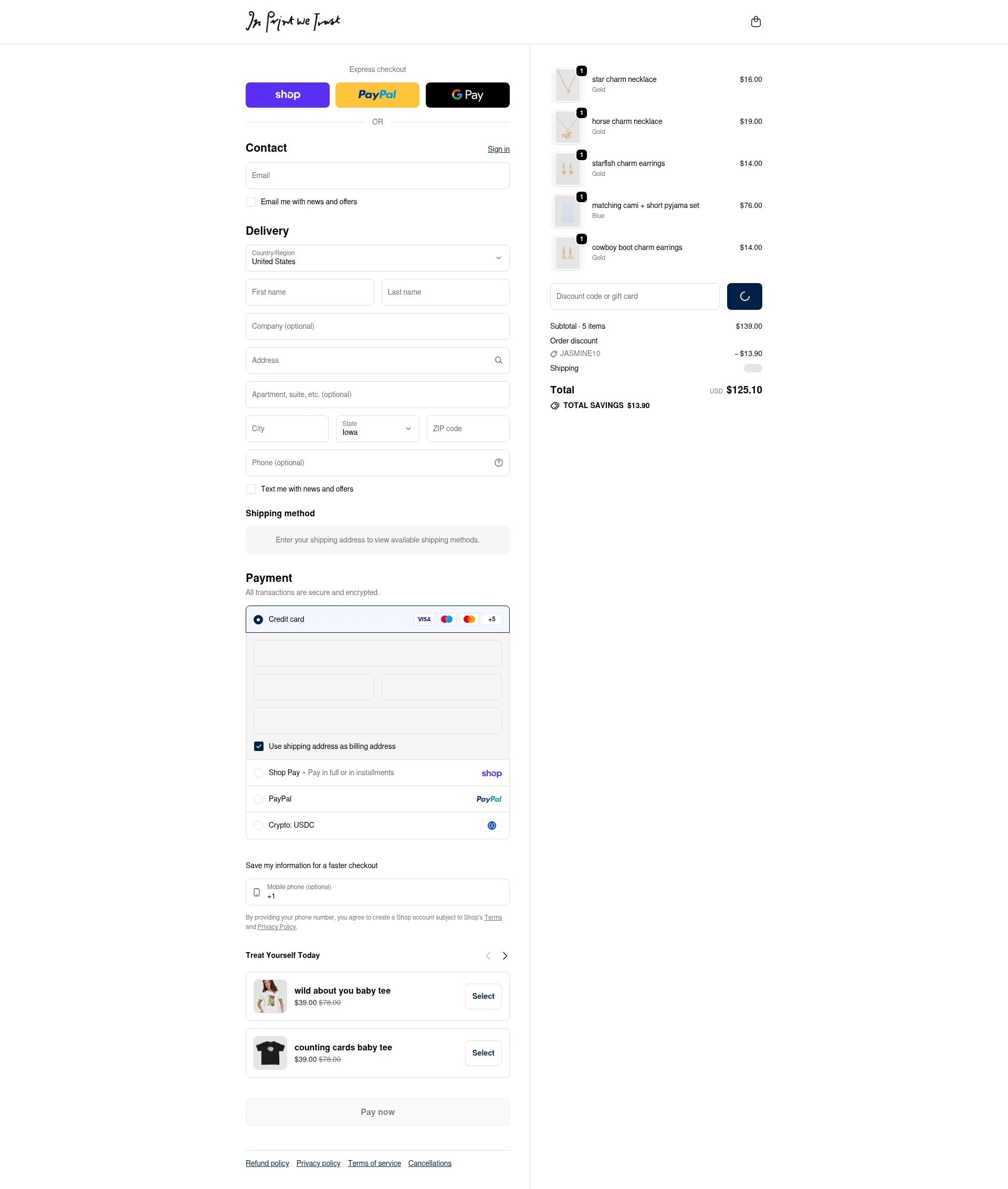 In Print We Trust checkout page showing In Print We Trust discount code box | Screenshot taken by SimplyCodes community member on Feb 17, 2026