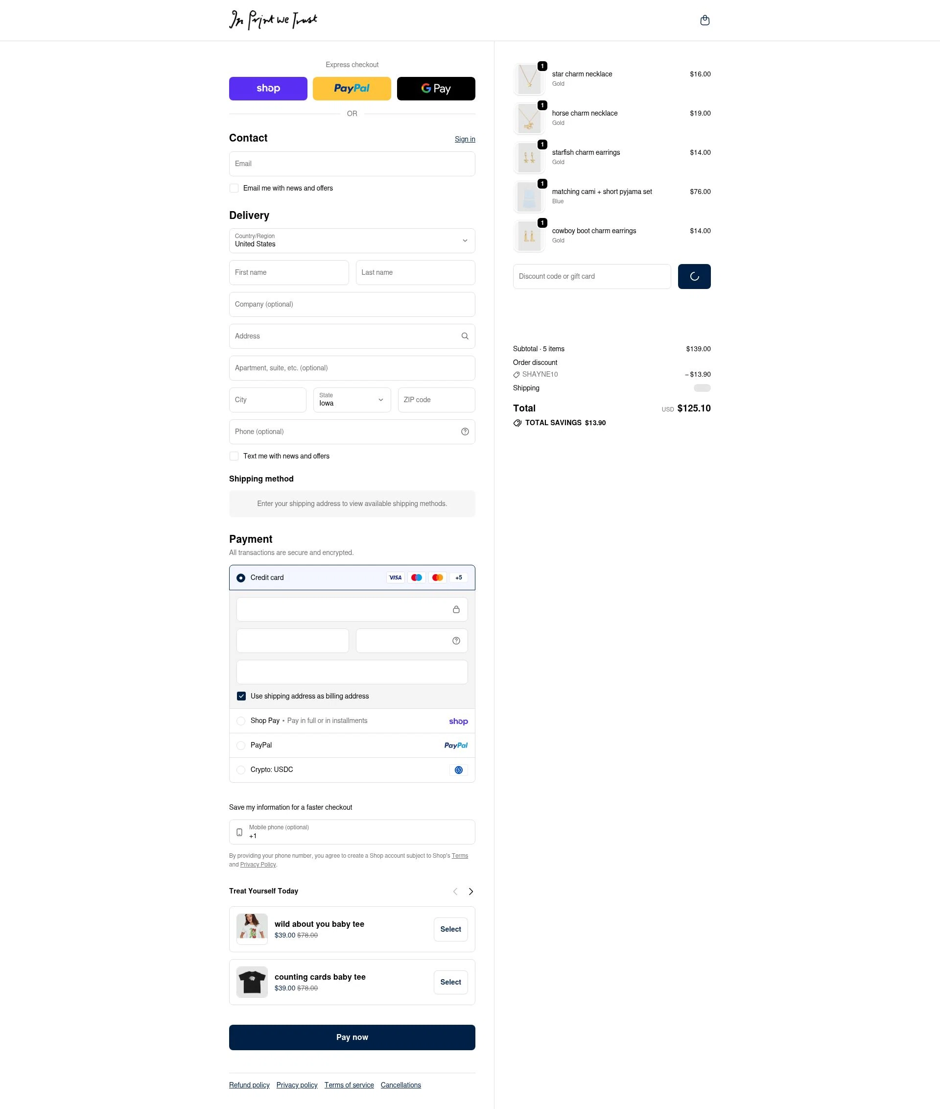In Print We Trust checkout page showing In Print We Trust discount code box | Screenshot taken by SimplyCodes community member on Feb 17, 2026