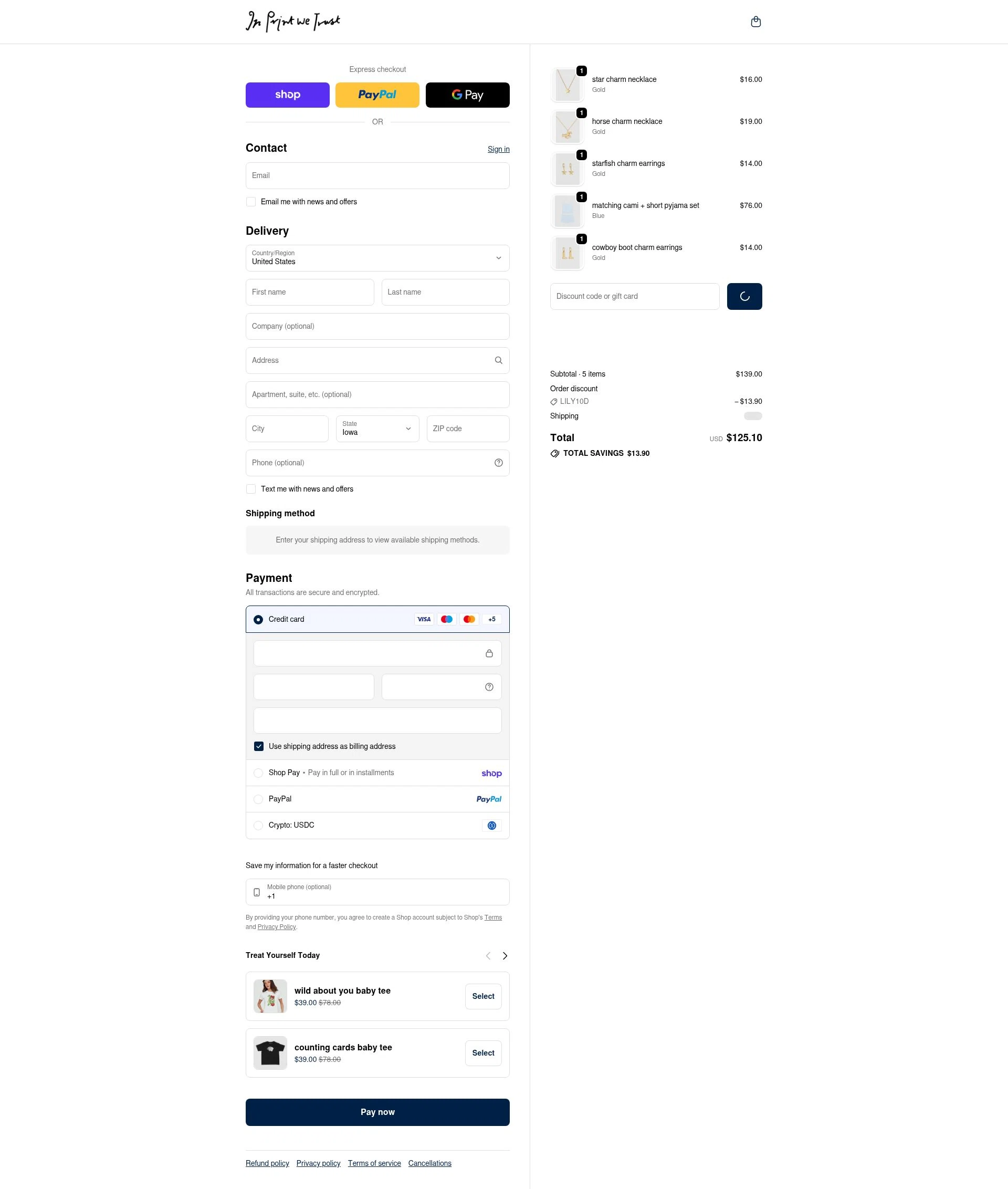 In Print We Trust checkout page showing In Print We Trust discount code box | Screenshot taken by SimplyCodes community member on Feb 17, 2026