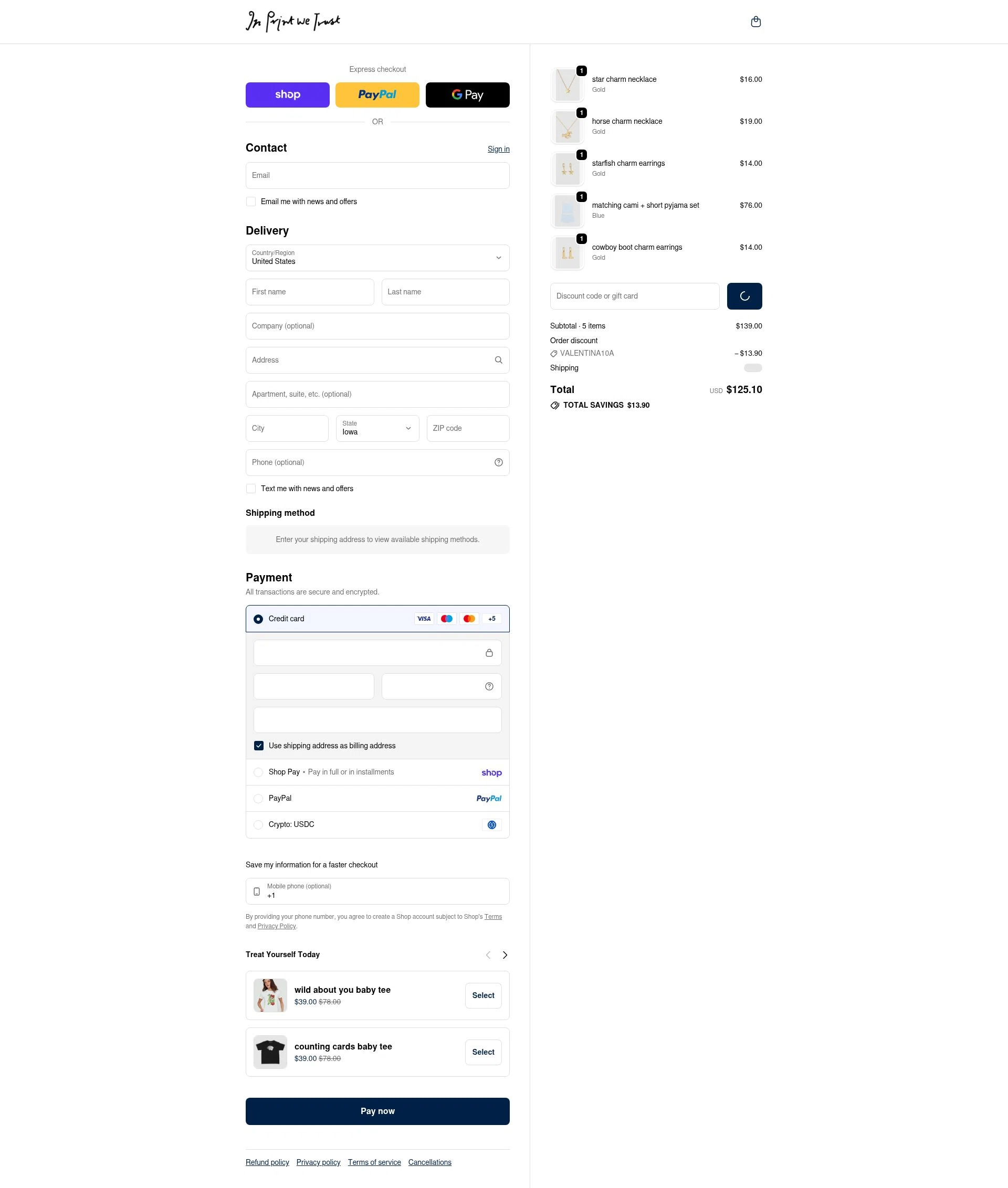 In Print We Trust checkout page showing In Print We Trust discount code box | Screenshot taken by SimplyCodes community member on Feb 17, 2026