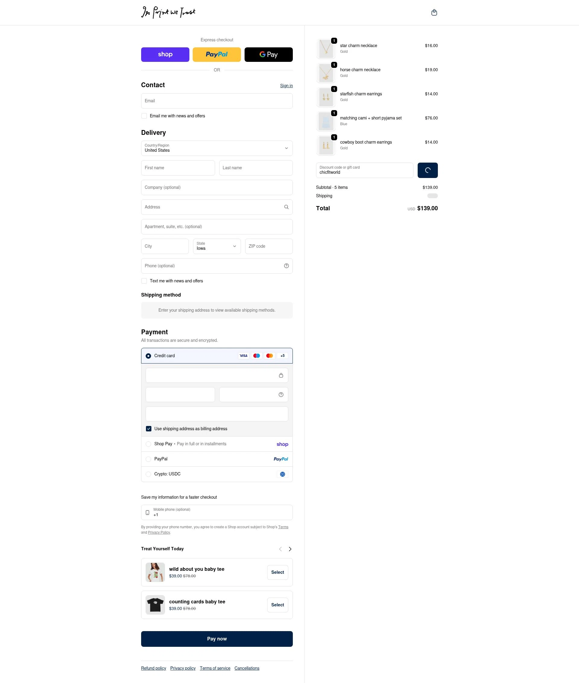 In Print We Trust checkout page showing In Print We Trust discount code box | Screenshot taken by SimplyCodes community member on Feb 17, 2026