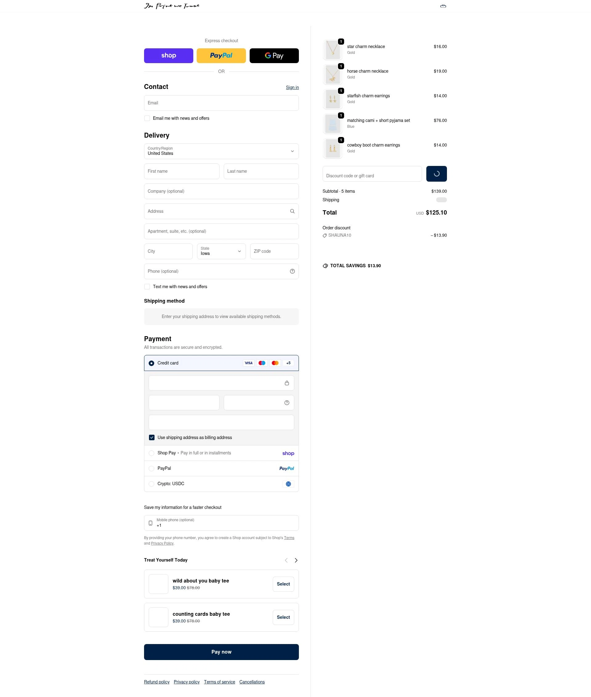 In Print We Trust checkout page showing In Print We Trust discount code box | Screenshot taken by SimplyCodes community member on Feb 17, 2026