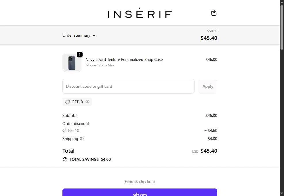 INSERIF checkout page showing INSERIF discount code box | Screenshot taken by SimplyCodes community member on Jan 2, 2026