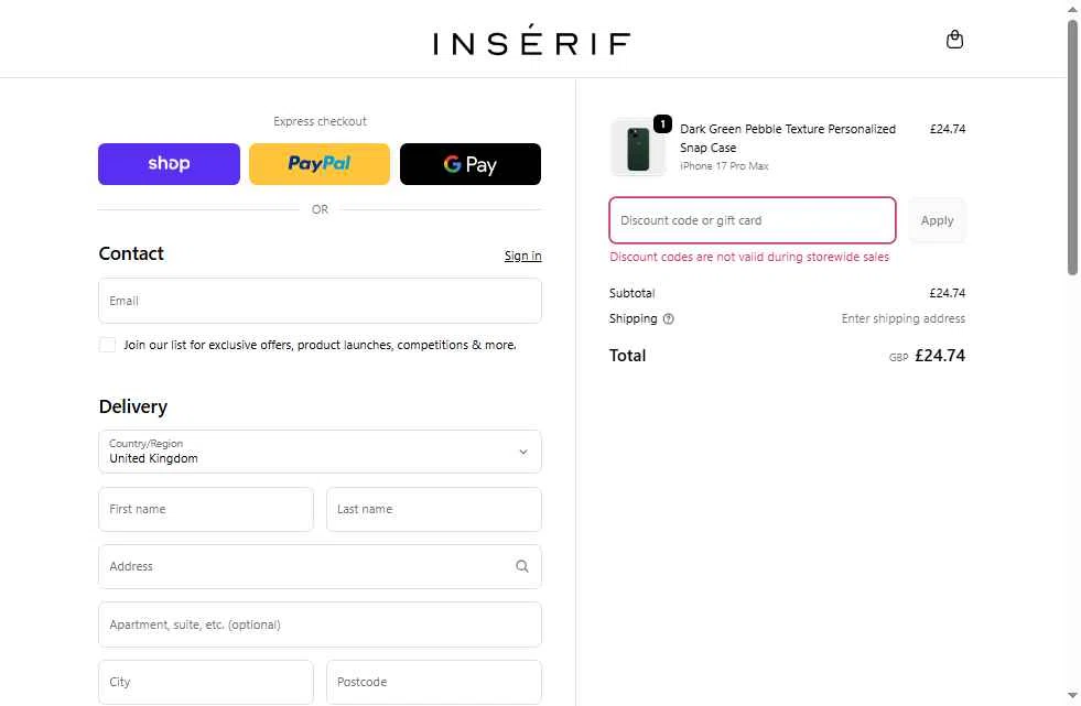 INSERIF checkout page showing INSERIF discount code box | Screenshot taken by SimplyCodes community member on Nov 24, 2025