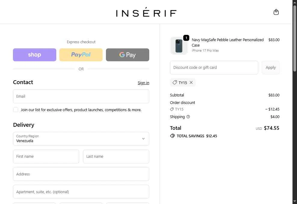 INSERIF checkout page showing INSERIF discount code box | Screenshot taken by SimplyCodes community member on Jan 2, 2026