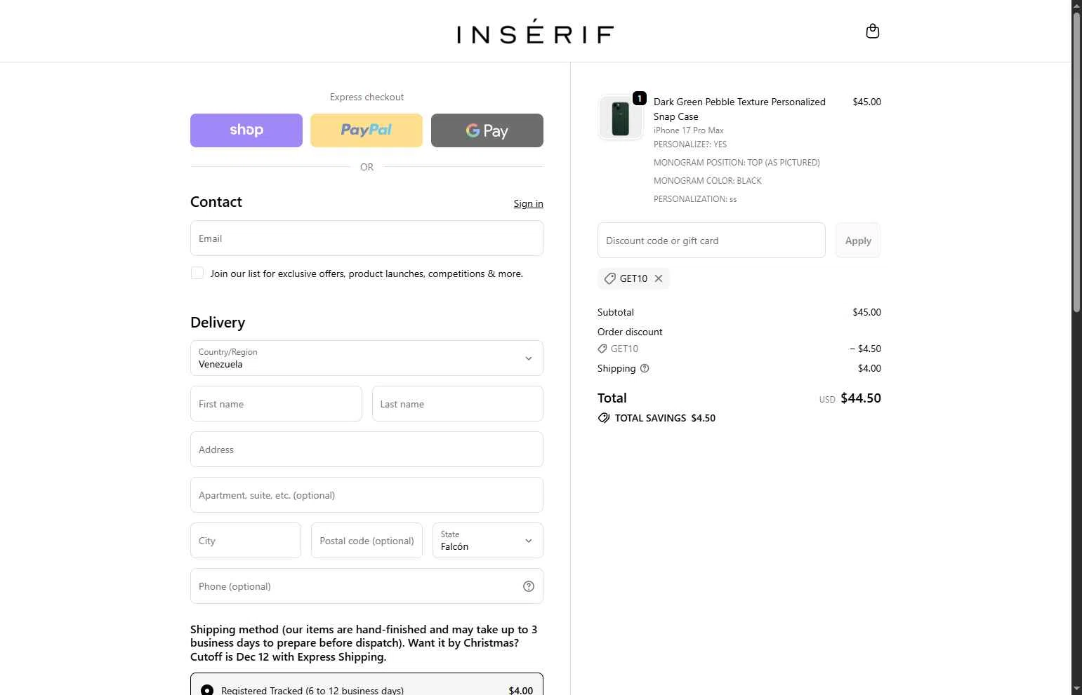 INSERIF checkout page showing INSERIF discount code box | Screenshot taken by SimplyCodes community member on Dec 4, 2025