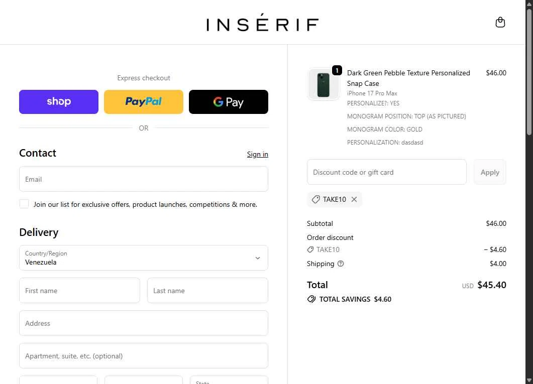 INSERIF checkout page showing INSERIF discount code box | Screenshot taken by SimplyCodes community member on Dec 23, 2025