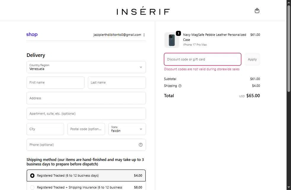 INSERIF checkout page showing INSERIF discount code box | Screenshot taken by SimplyCodes community member on Nov 25, 2025