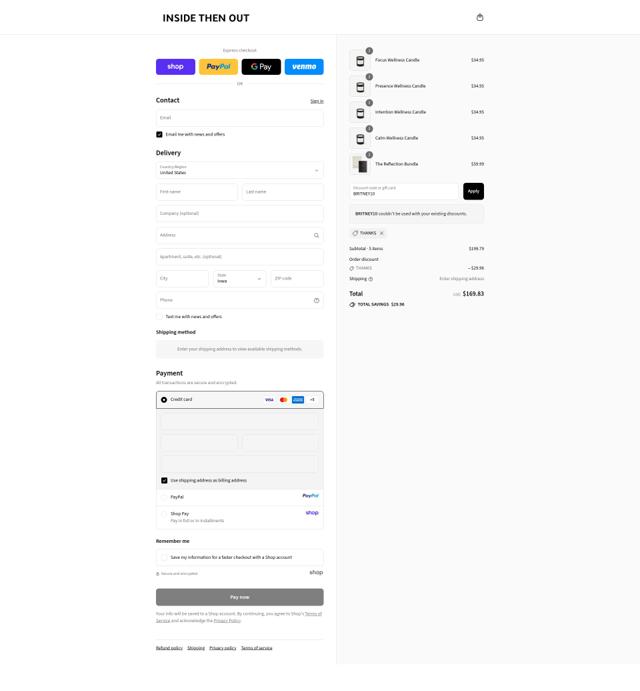 Inside Then Out checkout page showing Inside Then Out discount code box | Screenshot taken by SimplyCodes community member on Sep 10, 2025